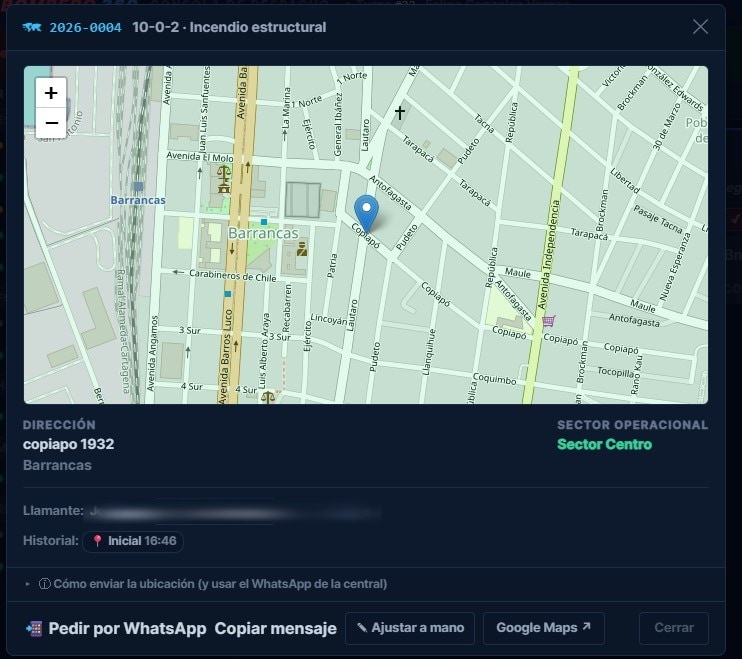 Ventana para compartir la ubicación de una emergencia por WhatsApp, con el mapa y el ajuste manual del punto